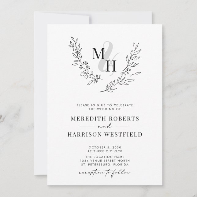 Botanical Laurel Wreath QR Code Monogram Wedding Invitation (Front)