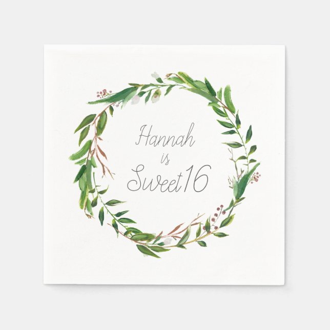 Botanical Laurel Wreath Sweet Sixteen Napkins (Front)