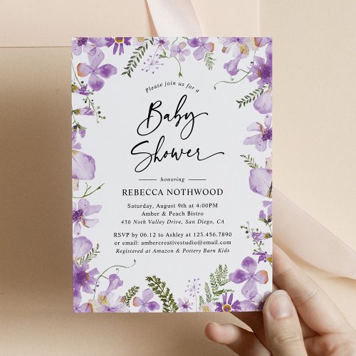 Botanical Lavender Lilac Florals Baby Shower Invitation