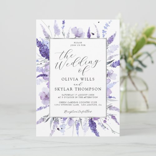 Botanical Lavender Lilac Silver Floral Wedding  Invitation