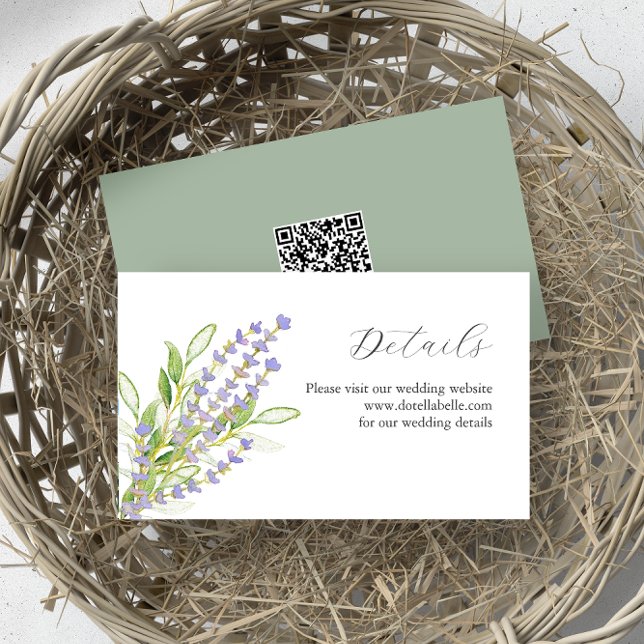Botanical Lavender Watercolor Wedding Enclosure Card (wedding details card QR code watercolor lavender art by Victoria Grigaliunas of Do Tell A Belle)