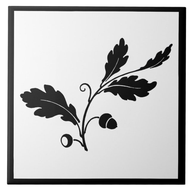 Botanical Leaf Acorn Nature Floral Black White Ceramic Tile (Front)