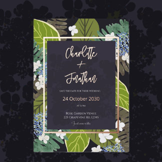 Botanical Leaf and Hydrangea Petals Save The Date Foil Invitation