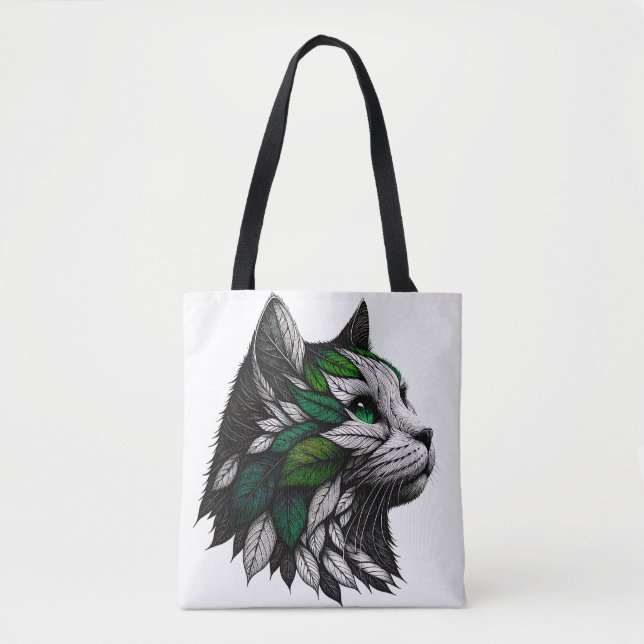 Botanical Leaf Cat Illustration Artwork Tote Bag (Front)
