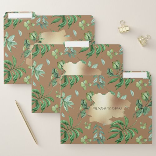 Botanical leaf collage garden brown faux gold chic file folder