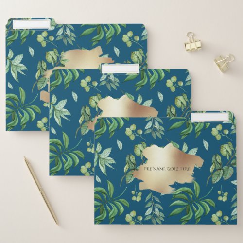 Botanical leaf collage garden faux gold blue chic file folder