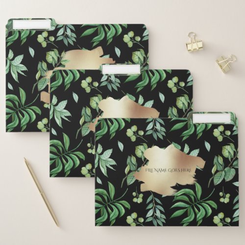 Botanical leaf collage garden green faux gold chic file folder