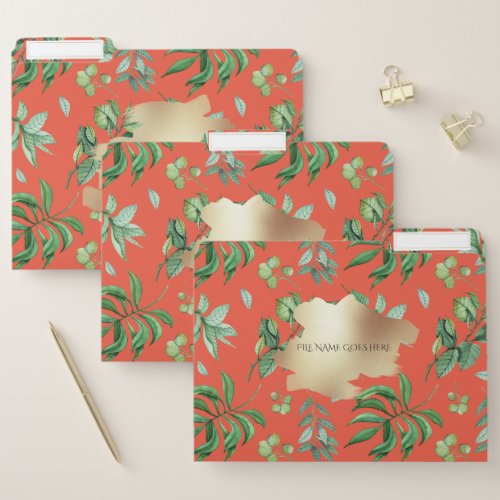 Botanical leaf collage garden orang faux gold chic file folder