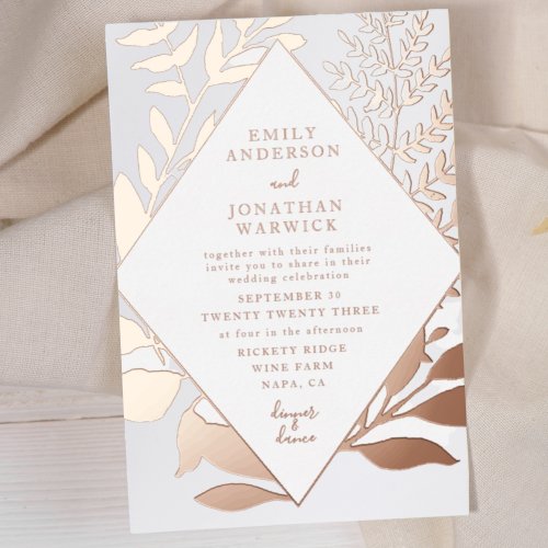  Botanical Leaf Diamond Pressed Rose Gold Wedding Foil Invitation