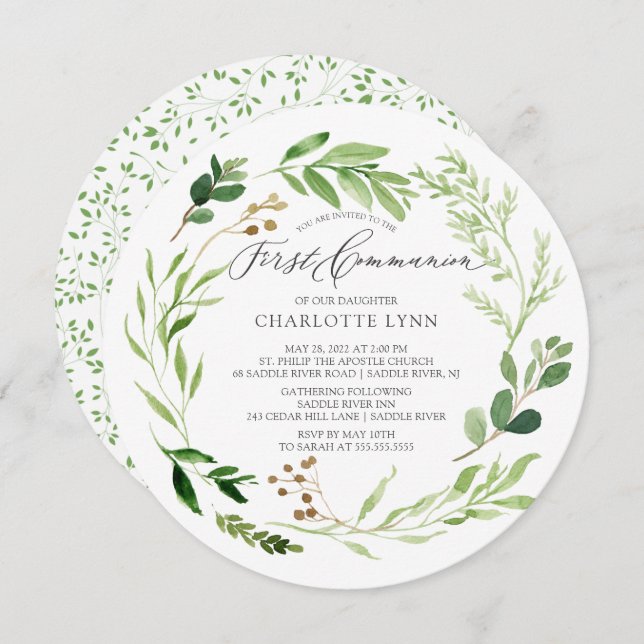 Botanical Leaf First Communion Invitation (Front/Back)