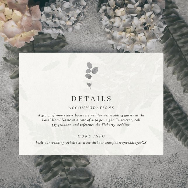 Botanical Leaf Gray Wedding  Enclosure Card (Elegant botanical leaf wedding details card. Features a light gray faux leaf pattern.)
