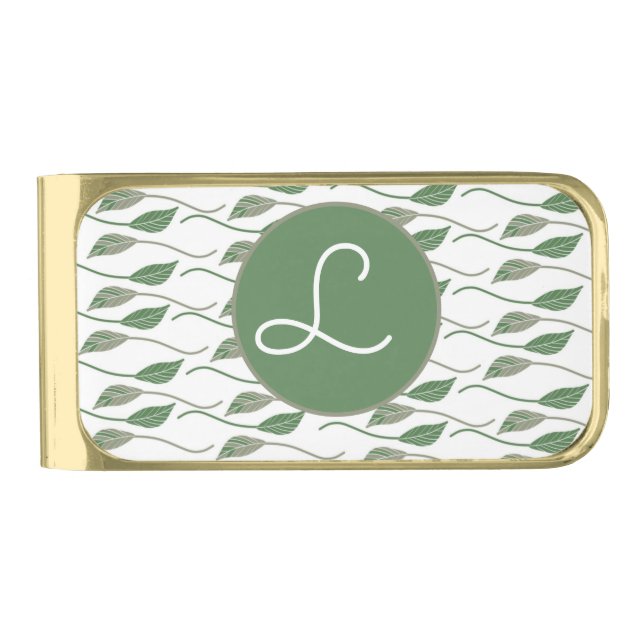 Botanical Leaf Greenery Hand Drawn Pattern  Gold Finish Money Clip (Front)
