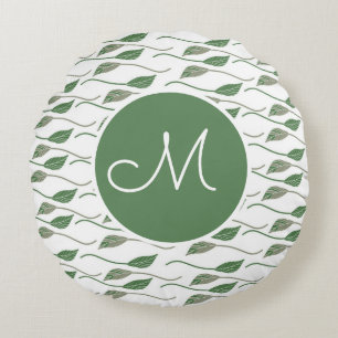 Botanical Leaf Greenery Hand Drawn Pattern Name Round Pillow