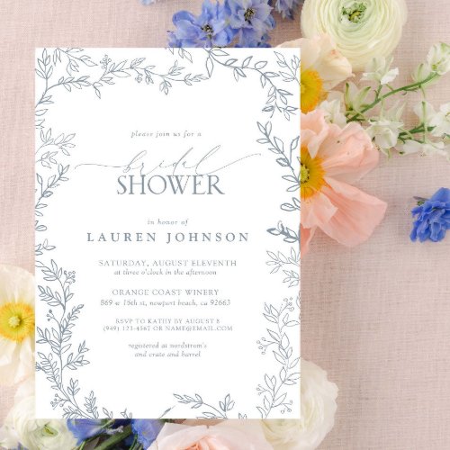 Botanical Leaf Minimalist Dusty Blue Bridal Shower Invitation