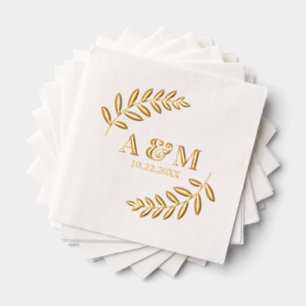 Botanical Leaf Monogram Initials & Date Wedding Foil Napkins