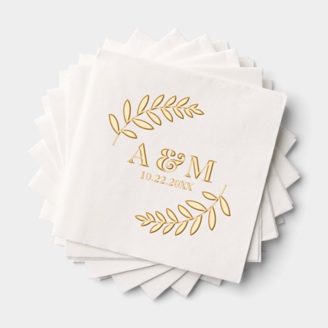 Botanical Leaf Monogram Initials & Date Wedding Foil Napkins (Insitu (Stacked))