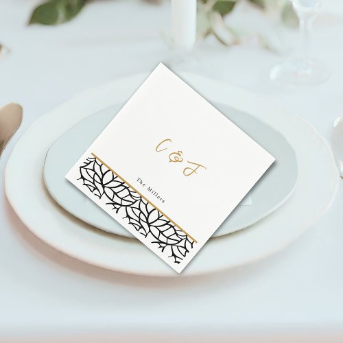 Botanical Leaf Pattern Border Initials Wedding Napkins