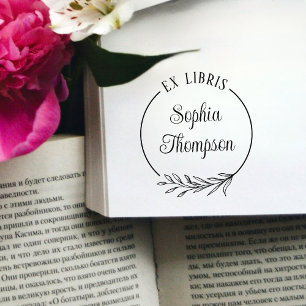 Botanical Leaf Script Name Ex Libris Bookplate Rubber Stamp