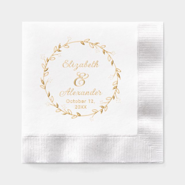 Botanical Leaf Wreath #14 Couple Names Date Script Foil Napkins (Front)