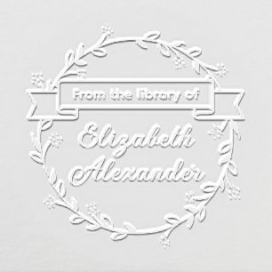 Botanical Leaf Wreath #14B Round Library Book Name Embosser