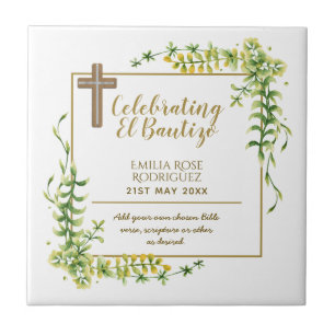 Botanical LeafBautizo Bautismo Baptism Name Verses Ceramic Tile