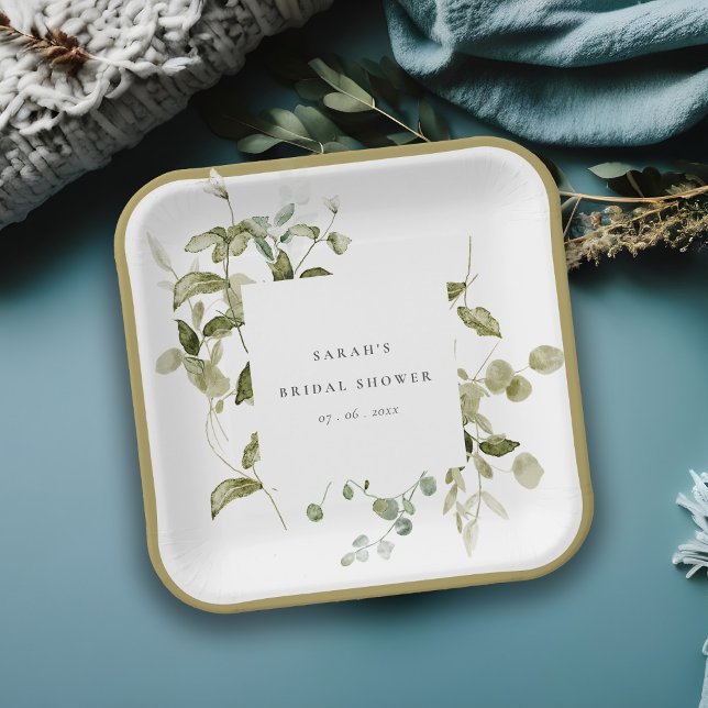 Botanical Leafy Foliage Watercolor Bridal Shower Paper Plates (Creator Uploaded)