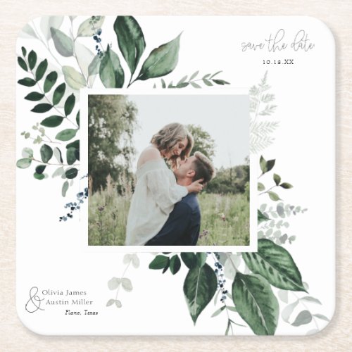 Botanical Leafy Greenery Photo Frame Save the Date Square Paper Coaster