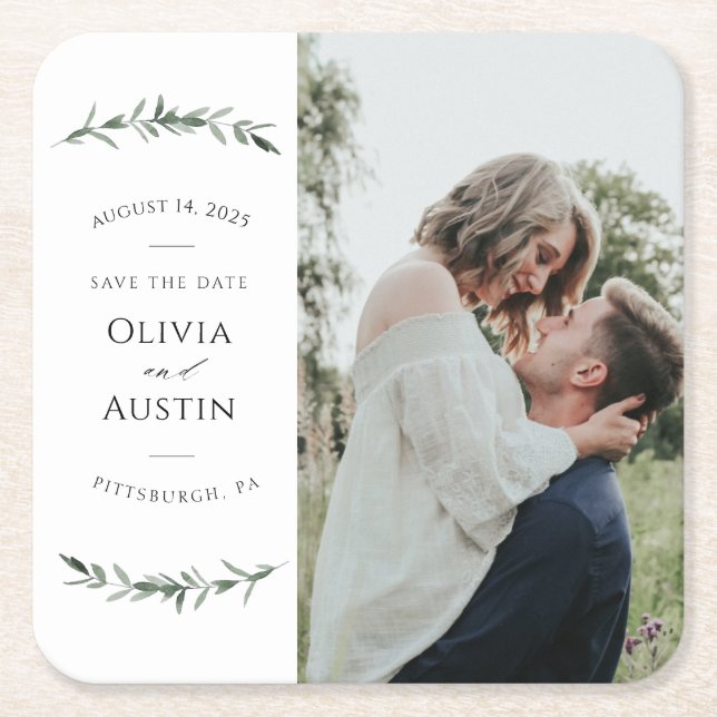 Botanical Leafy Greenery Save the Date Square Paper Coaster (Front)