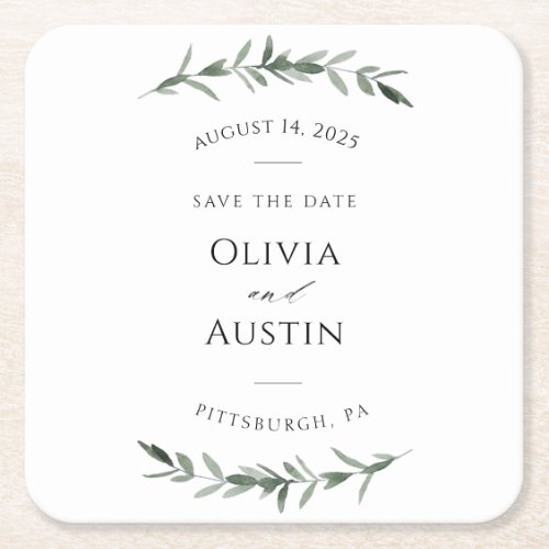 Botanical Leafy Greenery Save the Date Square Paper Coaster