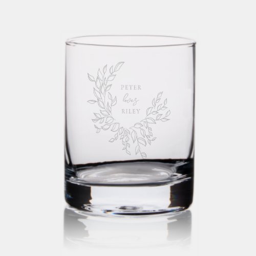 Botanical Leafy Script Wedding Couples Rocks Glass