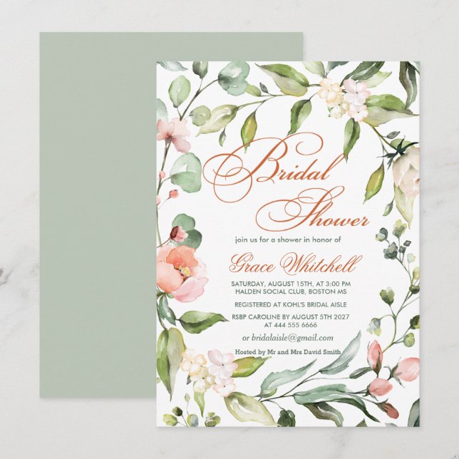 Botanical leafy wreath, flowers Bridal Shower Invitation (Front/Back)