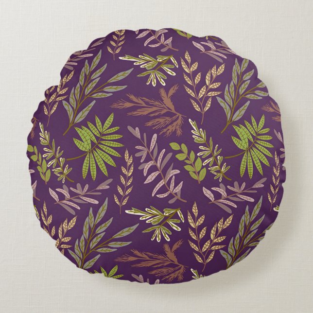 Botanical Leaves: A Stunning Purple Back Round Pillow (Front)