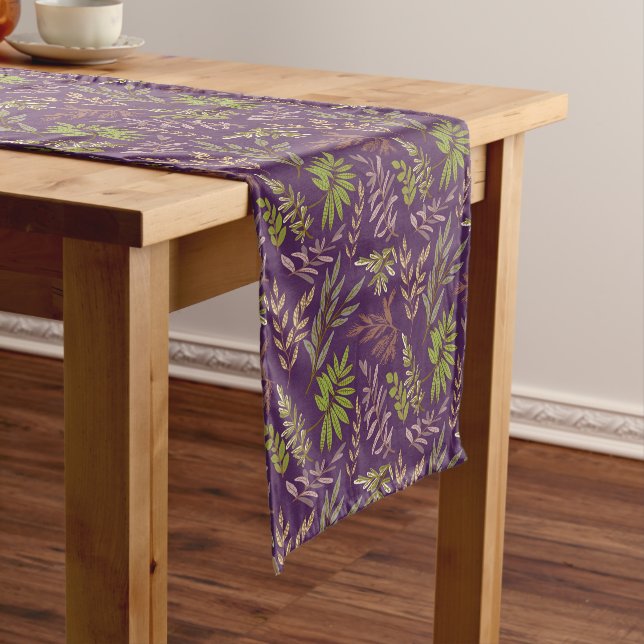 Botanical Leaves: A Stunning Purple Back Short Table Runner (In Situ)