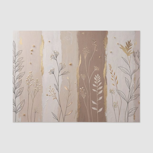 Botanical Leaves and Flowers Beige and Brown  Tissue Paper (Front)