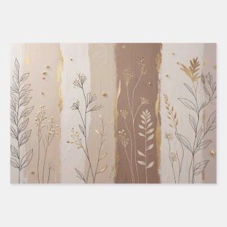 Botanical Leaves and Flowers Beige and Brown  Wrapping Paper Sheets