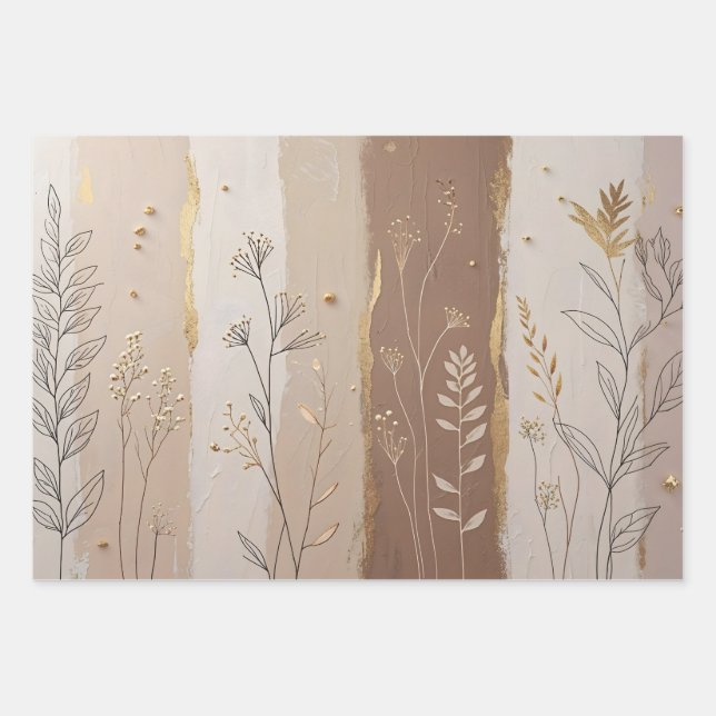 Botanical Leaves and Flowers Beige and Brown  Wrapping Paper Sheets (Front)