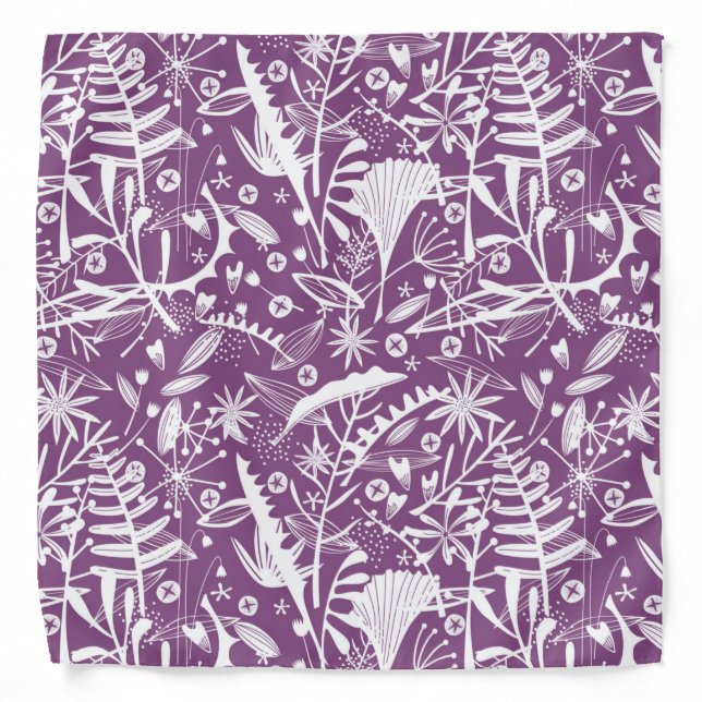 Botanical Leaves and Flowers Purple Bandana (Front)