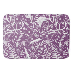 Botanical Leaves and Flowers Purple Bath Mat