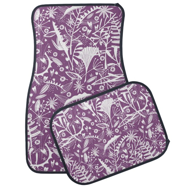 Botanical Leaves and Flowers Purple Car Floor Mat (Set)