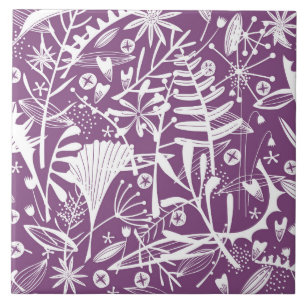 Botanical Leaves and Flowers Purple Ceramic Tile