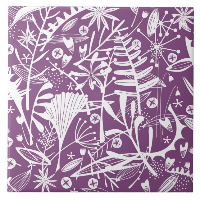Botanical Leaves and Flowers Purple Ceramic Tile (Front)