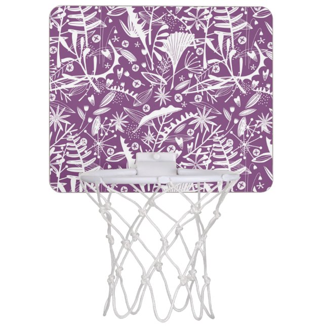 Botanical Leaves and Flowers Purple Mini Basketball Hoop (Front)