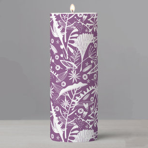 Botanical Leaves and Flowers Purple Pillar Candle