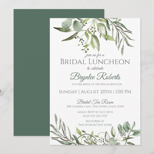 Botanical Leaves and Greenery Bridal Luncheon Invitation (Front/Back)