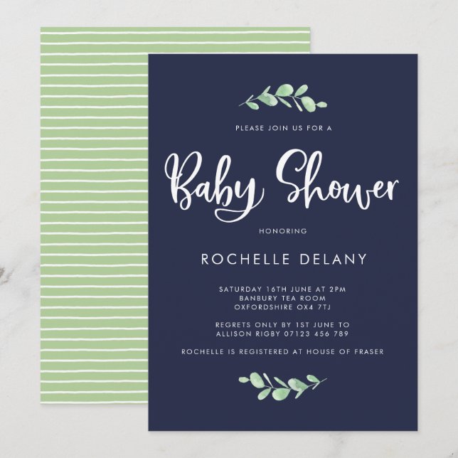 Botanical Leaves and Stripes Baby Shower Invite (Front/Back)