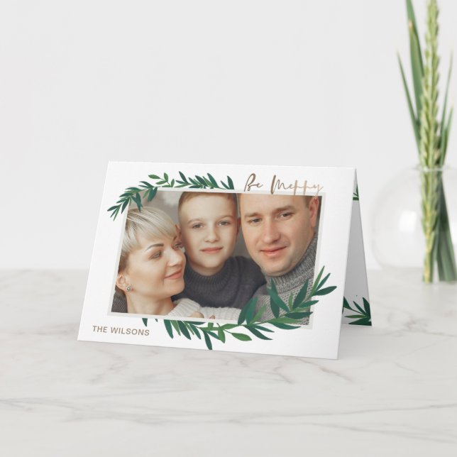 Botanical Leaves Be Merry Gold photo Holiday Card (Front)