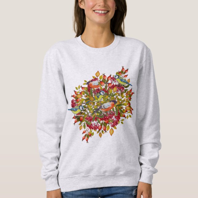 Botanical Leaves Berries and Birds Autumn Sweatshirt (Front)