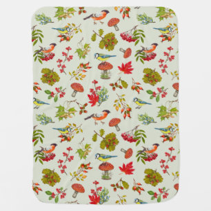 Botanical Leaves Berries Plants and Birds Autumn Baby Blanket