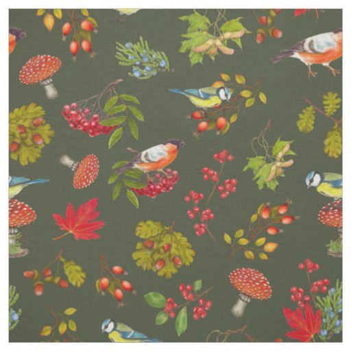 Botanical Leaves Berries Plants and Birds Autumn Fabric