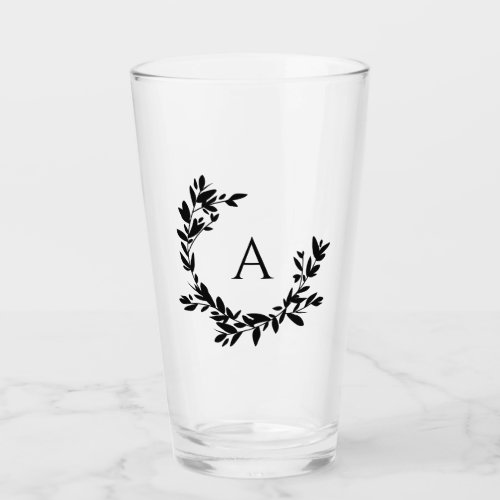 Botanical Leaves Black Monogram Initial Glass